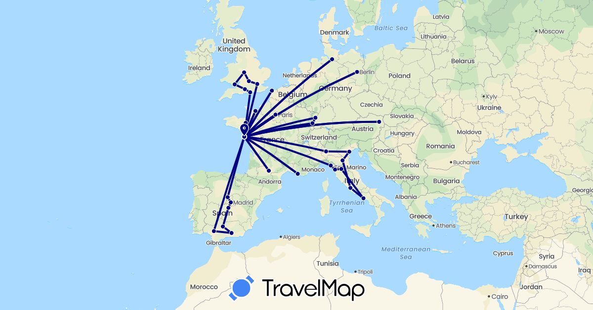 TravelMap itinerary: driving in Austria, Germany, Spain, France, United Kingdom, Italy (Europe)